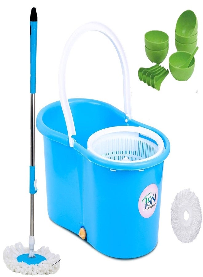 JSN Plastic Easy Magic 360 Degree Bucket Spin Double Drive Hand Pressure Floor Mop with 2 Microfiber Heads (Medium; Blue) - Image 1